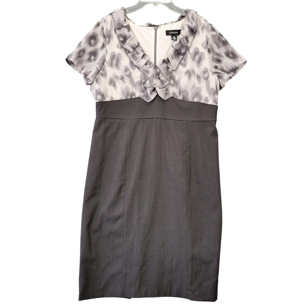 R&M Richards Black Dress Stretch Gray Preppy Ruffle Short Sleeves Womens Size 14